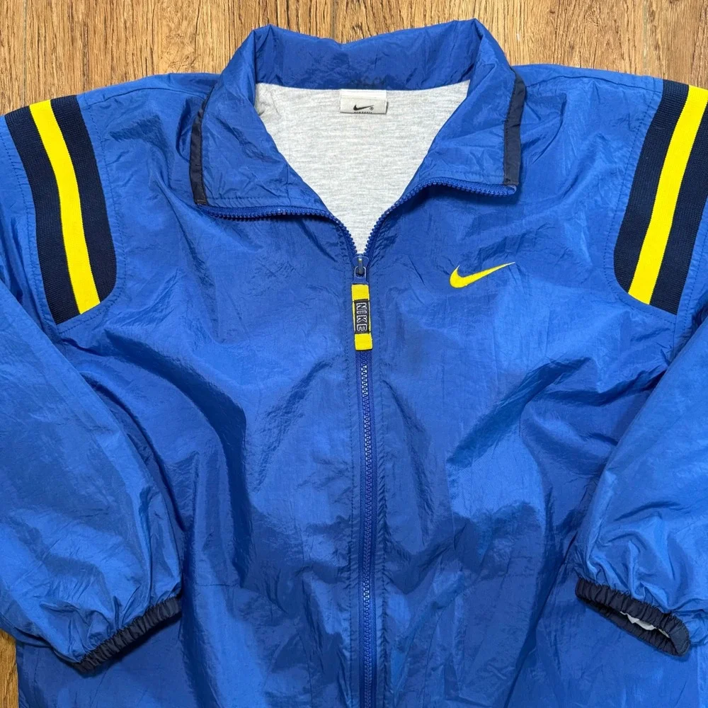 VTG 90s Nike Windbreaker Jacket Blue Yellow Stripe Full Zip Youth Medium M 10-12